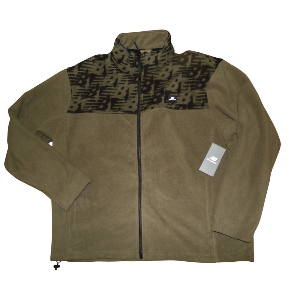 New Balance Mens 2X Fleece Full Zip Jacket Olive Green Monogram Logo MJ23502